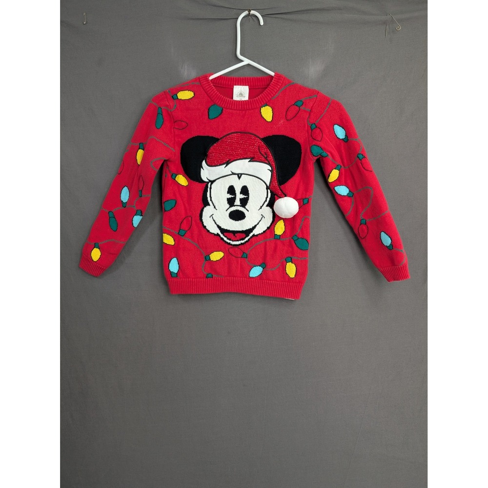 Disney Mickey Mouse Santa Hat Christmas Lights Sweater Red Kids 5/6 8491